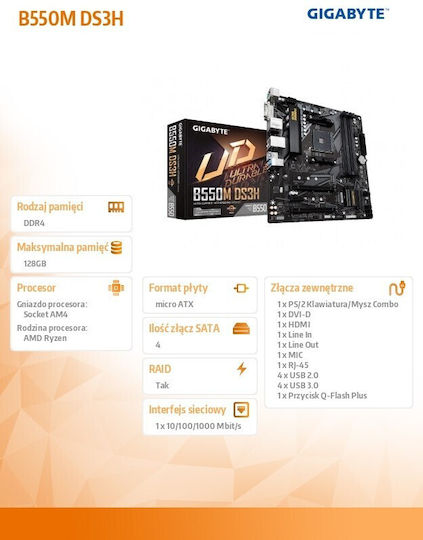Gigabyte B550M DS3H rev. 1.x Mainboard Micro ATX mit AMD AM4 Sockel