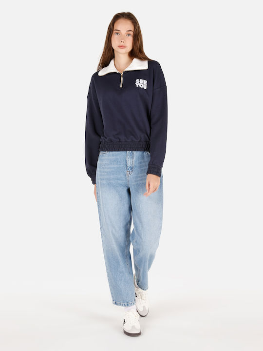 Γυναικείο Πουλόβερ Βαμβακερό με Κουκούλα Navy Blue