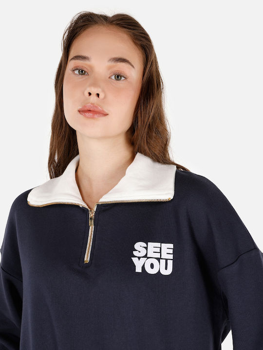 Γυναικείο Πουλόβερ Βαμβακερό με Κουκούλα Navy Blue