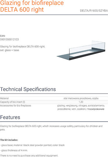 Kratki Delta/P/600/Szyba Protective Glass for BioethaNol Fireplace