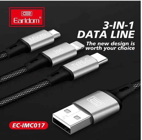 Earldom Imc017 Braided USB to micro USB / Type-C / Lightning 1m Cable Gray (EC-IMC017)