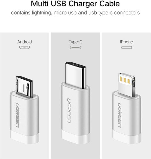 Ugreen Braided USB to Lightning / Type-C / micro USB Cable 2A Λευκό 1.5m 50203