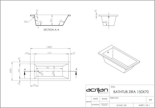 Acrilan Zira Μπανιέρα Ακρυλική 150x70cm