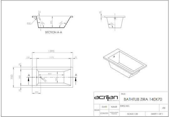 Acrilan Zira Μπανιέρα Ακρυλική 140x70cm