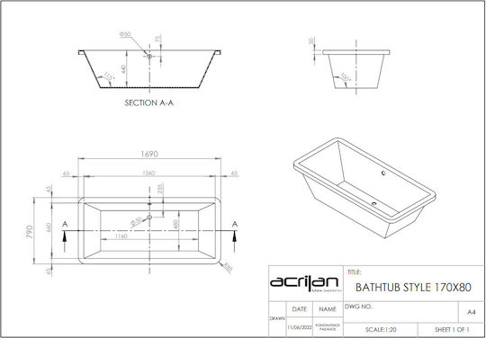 Acrilan Style Acrylic Bathtub 170x80cm