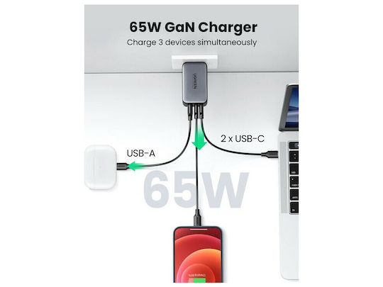 Ugreen Încărcător Fără Cablu GaN cu Port USB-A și 2 Porturi USB-C 65W Quick Charge 4.0 Gri (CD244)