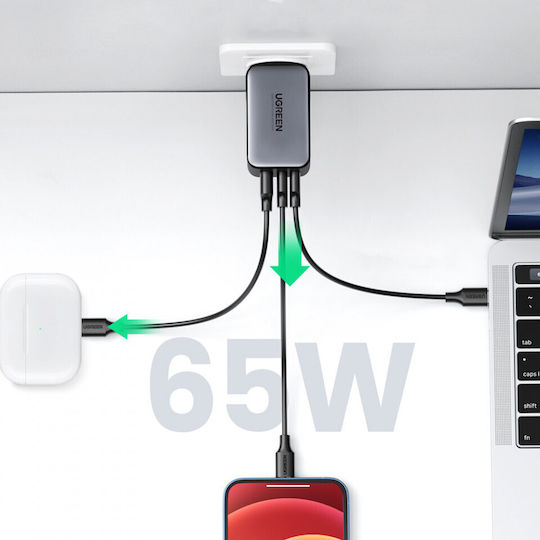 Ugreen Încărcător Fără Cablu GaN cu Port USB-A și 2 Porturi USB-C 65W Quick Charge 4.0 Gri (CD244)