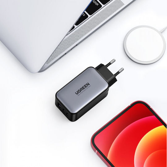 Ugreen Încărcător Fără Cablu GaN cu Port USB-A și 2 Porturi USB-C 65W Quick Charge 4.0 Gri (CD244)