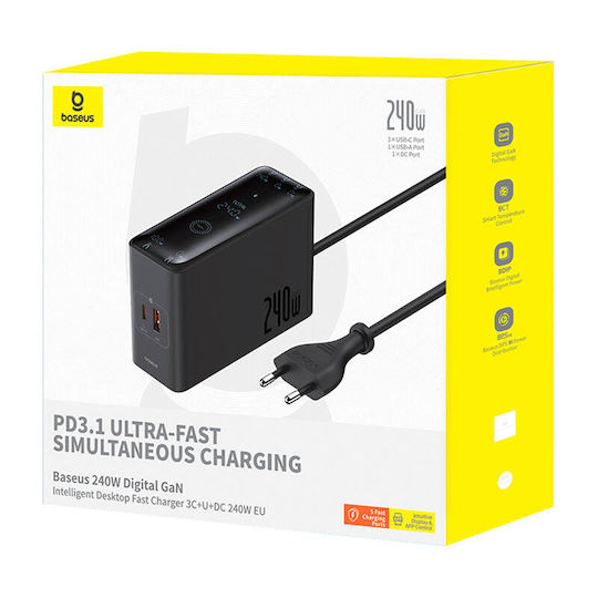 Baseus Charging Stand GaN with USB-A Port and 3 USB-C Ports 240W Quick Charge 4.0 in Black color (P10163901113-00 )