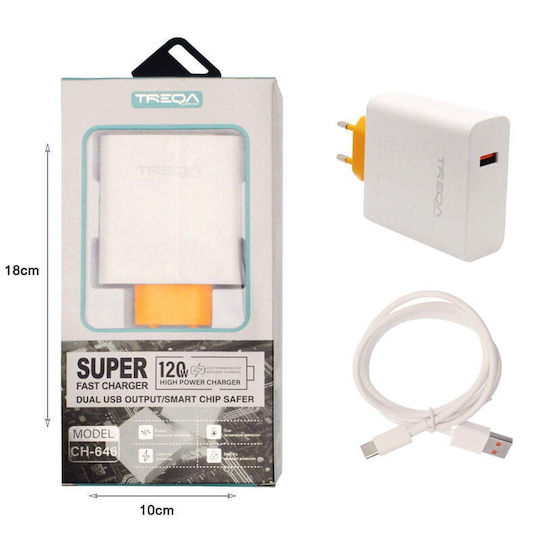 Treqa Handyladegerät und Kabel USB-C 120W Schnellaufladung 3.0 Weiß (CH-646)