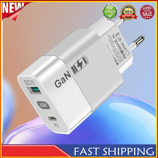 Techsuit Ladegerät ohne Kabel mit USB-A Anschluss und USB-C Anschluss 65W Stromlieferung / Schnellaufladung 3.0 Weißs (CHPD131)