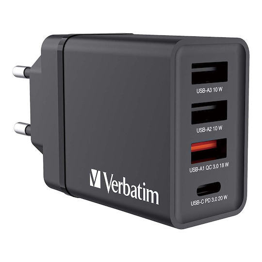 Verbatim Φορτιστής Χωρίς Καλώδιο GaN με 3 Θύρες USB-A και Θύρα USB-C 30W Power Delivery / Quick Charge 3.0 Μαύρος (CHR-30EU1)