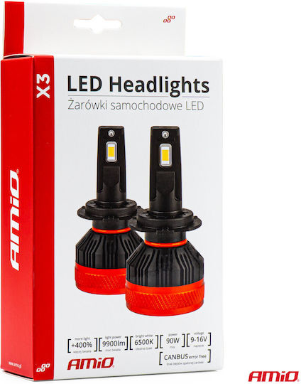AMiO Λάμπες Αυτοκινήτου X3 HB3-9005 Canbus LED 6500K Ψυχρό Λευκό 90W 2τμχ