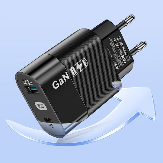 Techsuit Charger Without Cable GaN with USB-A Port and USB-C Port 65W Blacks (BK397)