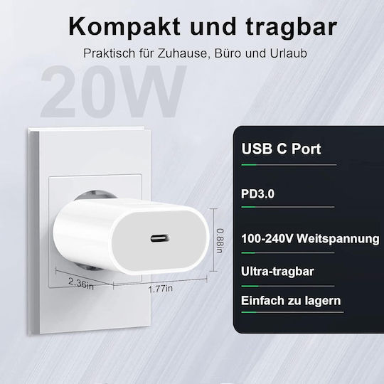 Andowl Φορτιστής Χωρίς Καλώδιο με Θύρα USB-C 20W Power Delivery / Quick Charge 3.0 Λευκός (Q-CD012 US)