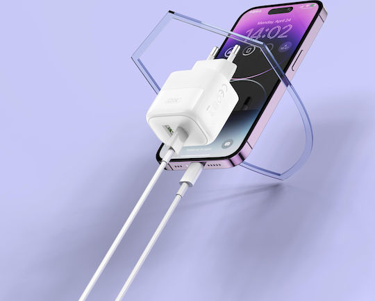 XO Charger with USB-A Port and USB-C Port and Cable USB-C - Lightning 20W Power Delivery Whites (L137)
