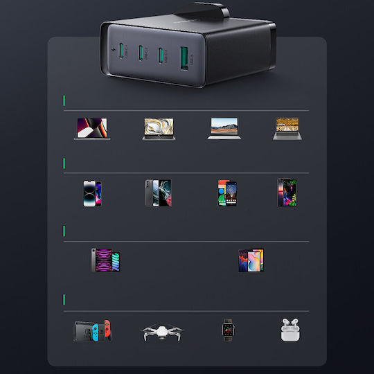 Joyroom Charger GaN with USB-A Port and 3 USB-C Ports and Cable USB-C 140W Power Delivery Blacks (JR-TCG05UK)