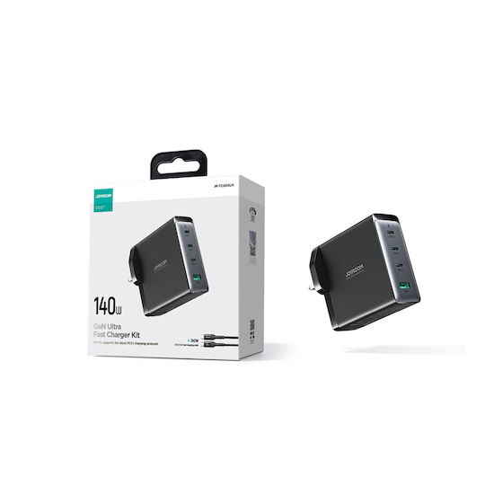 Joyroom Charger GaN with USB-A Port and 3 USB-C Ports and Cable USB-C 140W Power Delivery Blacks (JR-TCG05UK)