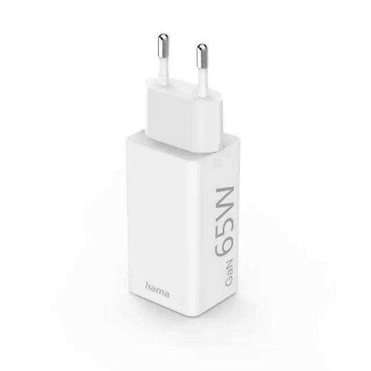 HAMA Зарядно без кабел GaN (Галуниев нитрид) с USB-A порт и USB-C порт 65W Доставка на енергия Бял (00201643)