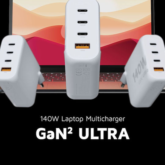 Xtorm Φορτιστής Χωρίς Καλώδιο GaN με Θύρα USB-A και 3 Θύρες USB-C 140W Power Delivery / Quick Charge 3.0 Λευκός (XEC140 GaN2 Ultra)