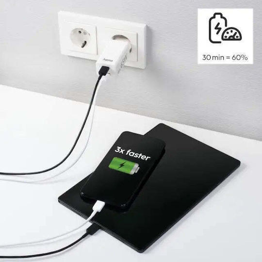 HAMA Зарядно без кабел GaN (Галуниев нитрид) с USB-A порт и USB-C порт 65W Доставка на енергия Бял (00201643)
