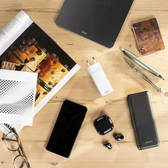 HAMA Зарядно без кабел GaN (Галуниев нитрид) с USB-A порт и USB-C порт 65W Доставка на енергия Бял (00201643)