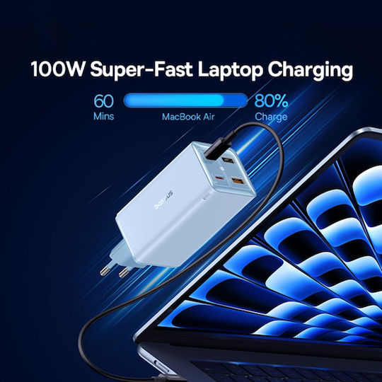 Baseus Ladegerät GaN mit 2 USB-A Anschlüsse und 2 USB-C Anschlüsse und Kabel USB-C - USB-C 100W Blau (Wall Charger Gan6 Pro)