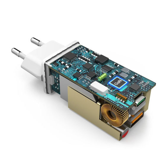 HAMA Зарядно без кабел GaN (Галуниев нитрид) с USB-A порт и USB-C порт 65W Доставка на енергия Бял (00201643)