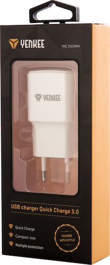 Yenkee Charger Without Cable with USB-A Port 18W Quick Charge 3.0 Whites (YAC 2023WH)