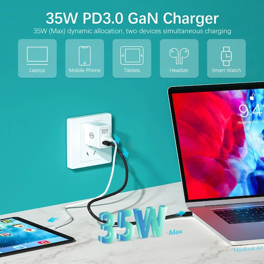 Mobile Origin Φορτιστής Χωρίς Καλώδιο GaN με 2 Θύρες USB-C 35W Λευκός (Gan III)
