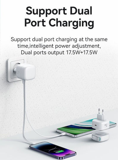 Usams Φορτιστής GaN με Θύρα USB-C και Καλώδιο Lightning 35W Power Delivery Λευκός (CC209TC02)