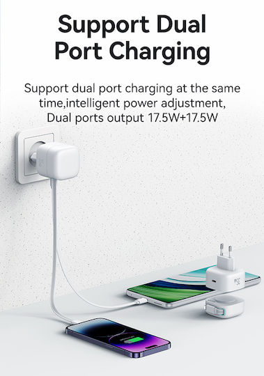 Usams Φορτιστής GaN με Θύρα USB-C και Καλώδιο Lightning 35W Power Delivery Λευκός (CC209TC02)