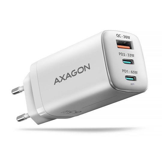 Axagon Φορτιστής Χωρίς Καλώδιο GaN με Θύρα USB-A και 2 Θύρες USB-C 65W Power Delivery / Quick Charge 3.0 Μαύρος (ACU-DPQ65)