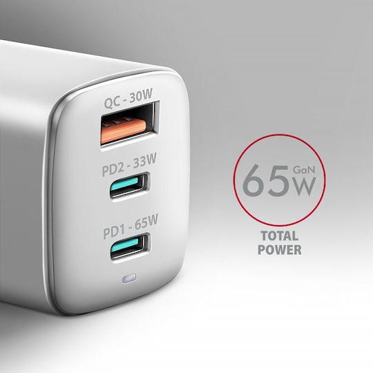 Axagon Φορτιστής Χωρίς Καλώδιο GaN με Θύρα USB-A και 2 Θύρες USB-C 65W Power Delivery / Quick Charge 3.0 Μαύρος (ACU-DPQ65)