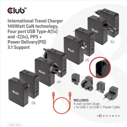 Club3D Wireless GaN Charger With USB-A Port And 3 USB-C Ports 140W Power Delivery Black (CAC-1917)