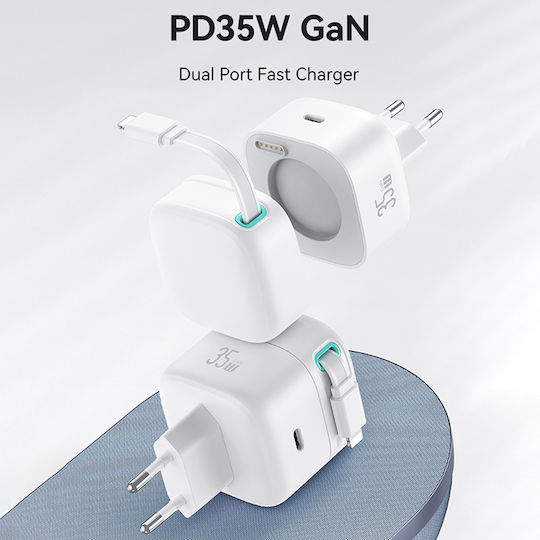 Usams Φορτιστής GaN με Θύρα USB-C και Καλώδιο Lightning 35W Power Delivery Λευκός (CC209TC02)