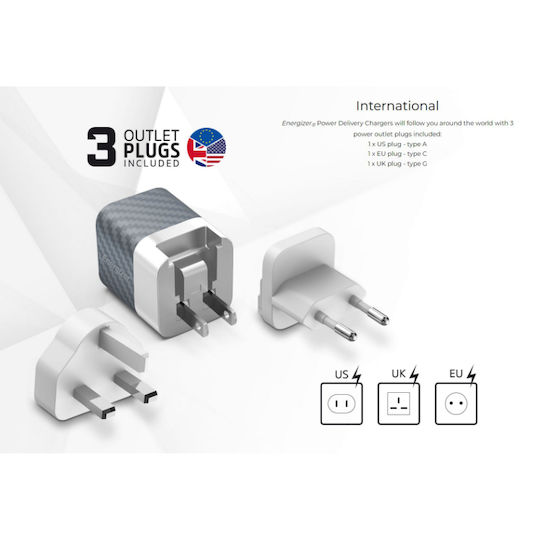Energizer Φορτιστής Χωρίς Καλώδιο GaN με Θύρα USB-A και Θύρα USB-C 38W Power Delivery / Quick Charge 3.0 Ασημί (A38QMU)