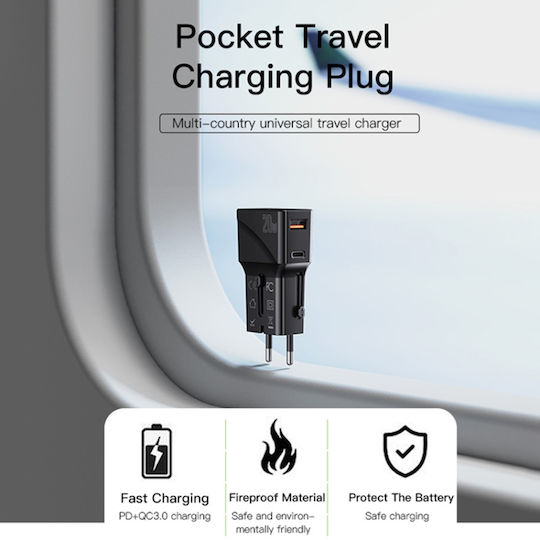 Yesido Încărcător Fără Cablu cu Port USB-A și Port USB-C 20W Negruς (Mc17)