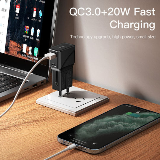 Yesido Încărcător Fără Cablu cu Port USB-A și Port USB-C 20W Negruς (Mc17)