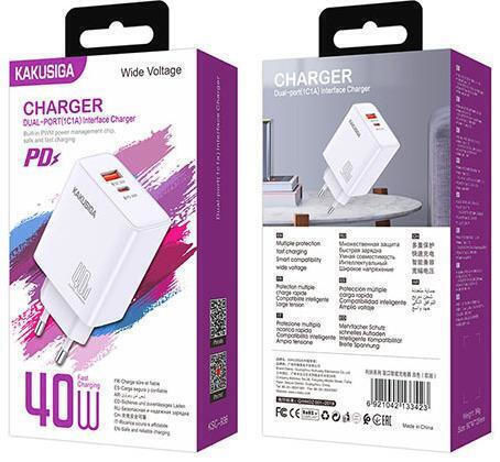 Kakusiga Зарядно без кабел с USB-A порт и USB-C порт 40W Бял (KSC-936)