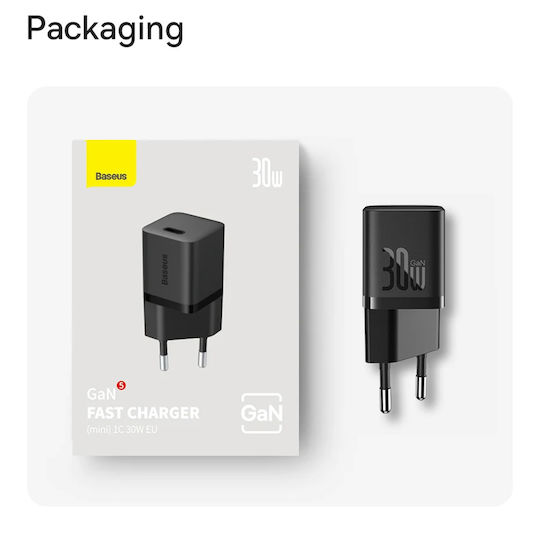 Baseus GaN с USB-C порт и кабел USB-C - USB-C 30W Moon White (Gan5)