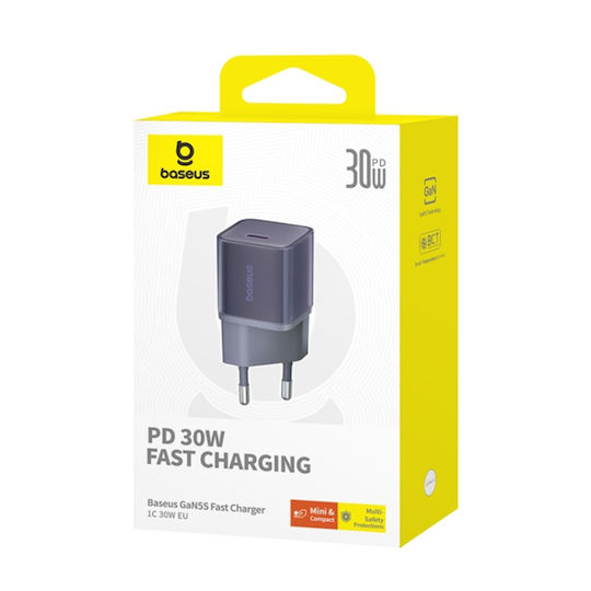 Baseus Зарядно без кабел с USB-C порт 30W Лилав (GaN5S)
