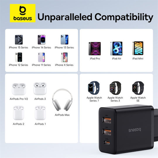 Baseus Wireless Charger GaN With 2 USB-A Output Ports And USB-C Output Port 30W Power Delivery Black Wall Charger Cube