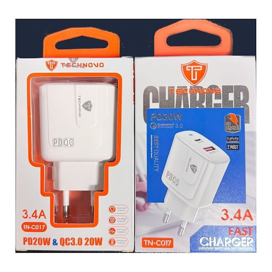 Technovo Handyladegerät Ohne Kabel mit USB-A Ausgangsanschluss und USB-C Ausgangsanschluss 20W Stromlieferung Schnellladetechnologie Weiß (TN-C017)