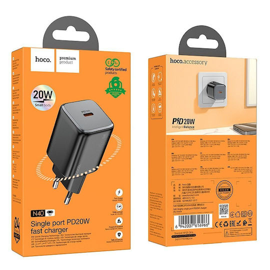 Hoco Charger Without Cable with USB-C Port 20W Power Delivery Blacks (N40)
