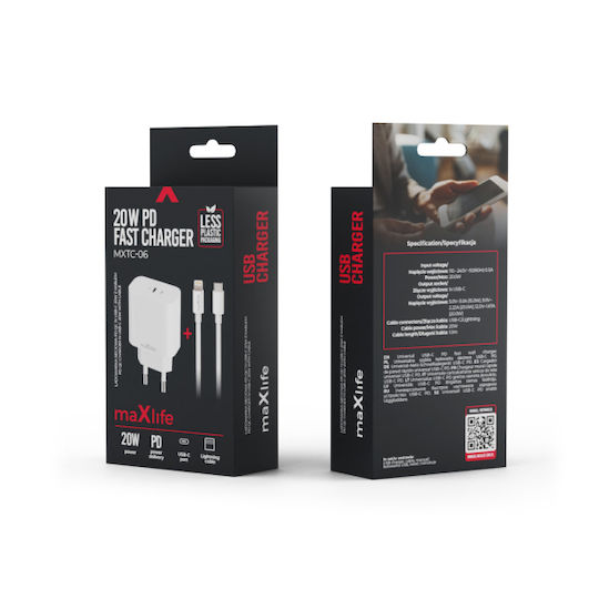 Maxlife с USB-C порт и кабел USB-C - Lightning 20W Power Delivery Бял (MXTC-06-20C)