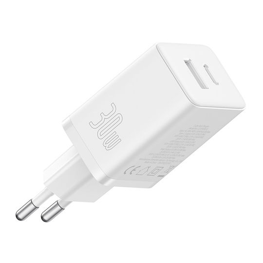 Baseus Încărcător Fără Cablu GaN cu Port USB-A și Port USB-C 30W Livrarea energiei Albς (Cube)
