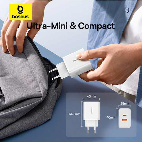 Baseus Încărcător Fără Cablu GaN cu Port USB-A și Port USB-C 30W Livrarea energiei Albς (Cube)