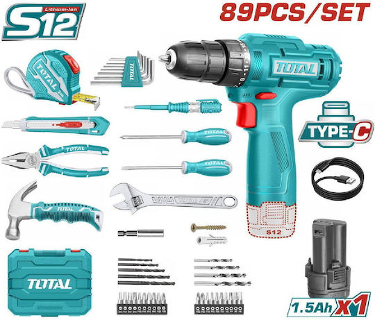 Total Drill Driver Battery 12V 1x1.5Ah Set of 89 pieces