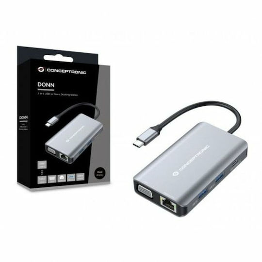 Conceptronic USB-C Docking Station με HDMI 4K PD Ethernet και σύνδεση 2 Οθονών Γκρι (DONN21G)